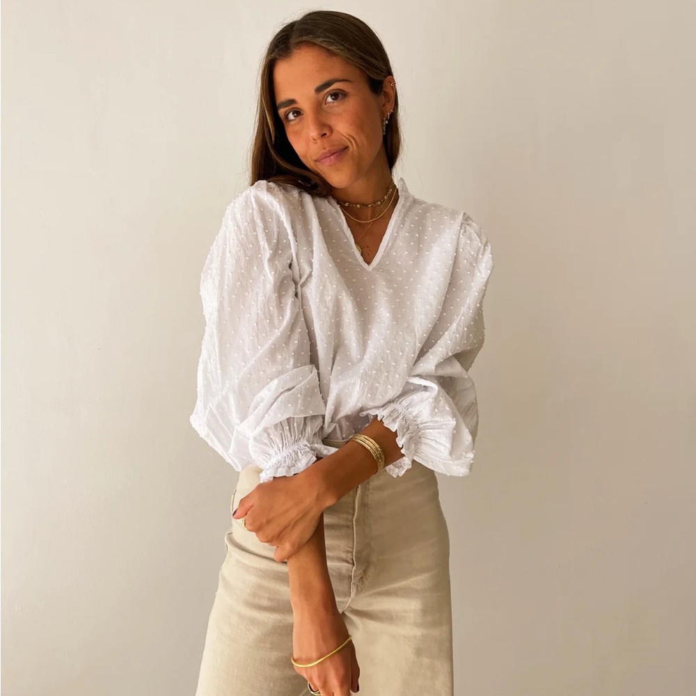 White Cuffed Sleeve 3/4 Blouse Relaxed Fit